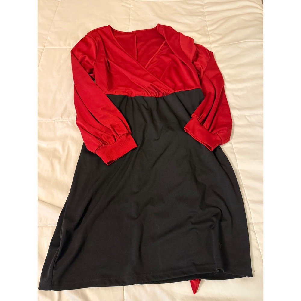 Maroon Black Colorblock Surplice Wrap Dress Long Bishop Sleeve Tie Back Dress